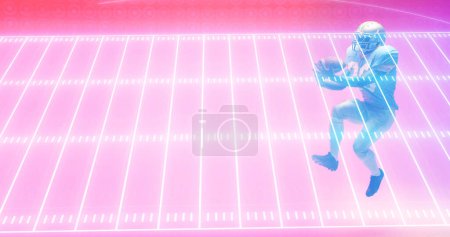 Photo for Composite of player with ball over illuminated american football field on pink background. Copy space, sport, competition, illustration, glowing, playing, ground, sidelines and abstract concept. - Royalty Free Image