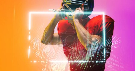 Photo for Composite of american football player removing helmet while standing by illuminated square and plant. Copy space, protection, sport, competition, illustration, glowing, nature, shape and abstract. - Royalty Free Image