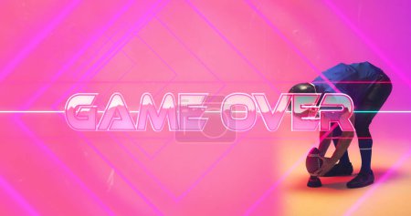 Photo for Composite of american football player with ball bending by game over text against pink lines. Copy space, the end, sport, competition, match, illustration and abstract concept. - Royalty Free Image