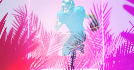 Photo for Composite of american football player with ball running over illuminated plants and square. Copy space, purple, sport, competition, illustration, glowing, playing, nature, shape and abstract concept. - Royalty Free Image
