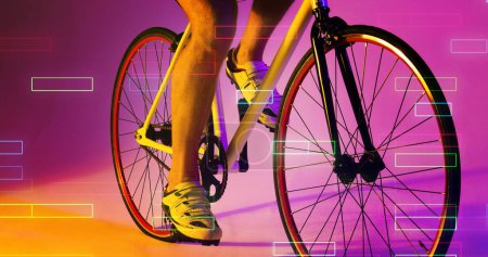 Photo for Low section of caucasian male athlete wearing shoes riding bike over rectangles on pink background. Composite, sport, cycling, racing, competition, shape, illuminated, leg and abstract concept. - Royalty Free Image