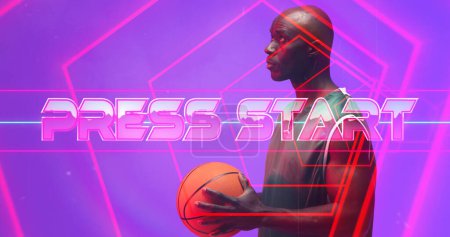Photo for Composite of press start text and lines over serious bald african american player holding basketball. Copy space, beginning, push button, violet, sport, competition, illustration, shape and abstract. - Royalty Free Image