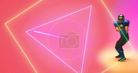 Photo for Composite of multiple geometric shapes and american football player holding ball on pink background. Copy space, illuminated, sport, competition, match, illustration and abstract concept. - Royalty Free Image