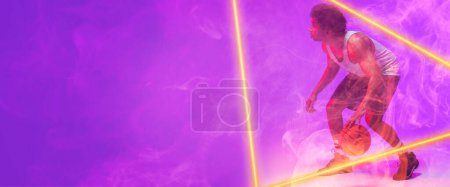 Photo for Composite of biracial male player playing basketball by triangle on purple background. Copy space, sport, competition, illustration, illuminated, shape, smoke and abstract concept. - Royalty Free Image
