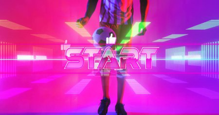 Photo for Low section of start text and caucasian soccer player with abstract neon, copy space. Computer graphic, copy space, sport, design, athlete, competitive sport, beginnings. - Royalty Free Image