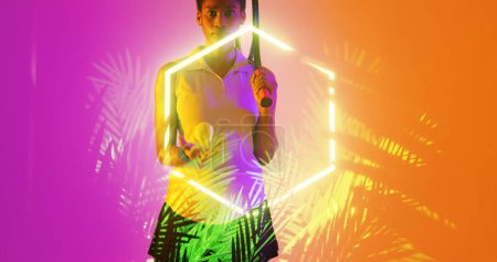 Biracial female player with tennis racket and ball standing by illuminated hexagon and plants. Copy space, composite, sport, competition, match, nature, shape and abstract concept,