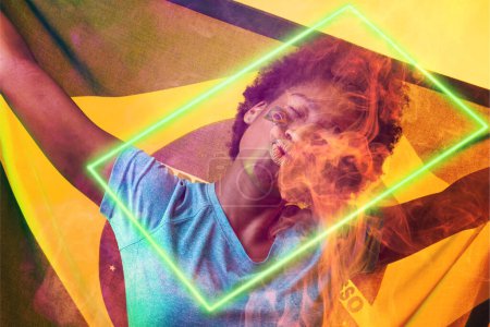 Photo for Rectangle neon over african american female fan with flag puckering during soccer match. Digital composite, yellow background, brazil flag, sport, spectator, love, abstract, success. - Royalty Free Image