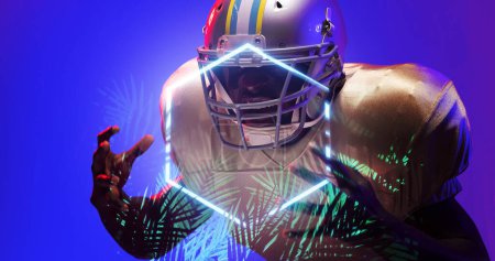 Photo for Composite of american football player wearing helmet gesturing by illuminated hexagon and plants. Copy space, blue, aggression, sport, competition, illustration, glowing, nature, shape and abstract. - Royalty Free Image