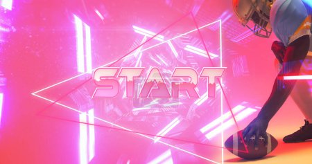 Photo for Composite of start text, illuminated patterns, triangle over american football player holding ball. Pink, copy space, sport, competition, neon, illustration, glowing, beginning and abstract concept. - Royalty Free Image