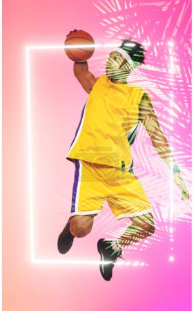 Photo for Composite of biracial basketball player jumping and taking a shot with ball by rectangle and plants. Copy space, pink, sport, competition, illustration, illuminated, nature and shape concept. - Royalty Free Image