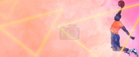 Photo for Side view of african american player taking a shot with basketball by triangles on smoky background. Copy space, composite, pink, sport, competition, illustration, glowing, shape and abstract. - Royalty Free Image