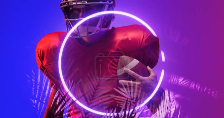 Photo for Composite of american football player wearing helmet and holding ball by plants and circle. Copy space, illuminated, sport, competition, illustration, glowing, nature, shape and abstract concept. - Royalty Free Image