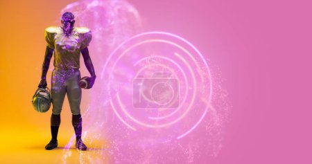 Photo for Composite of circles, american football player with ball and helmet standing on colorful background. Copy space, sport, competition, illustration, geometric shape and abstract concept. - Royalty Free Image