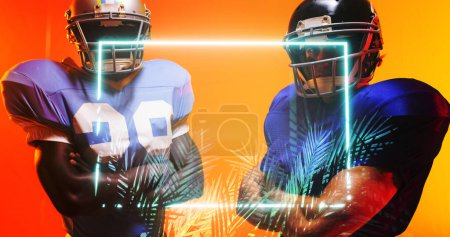 Photo for Multiracial american football players in helmets with arms crossed by illuminated square and plants. Composite, portrait, sport, competition, neon, illustration, glowing, teamwork, nature, abstract. - Royalty Free Image