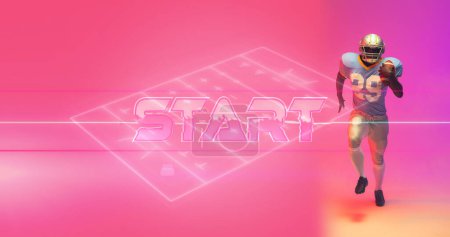 Photo for Illuminated american football field with start text and player with ball running on pink background. Copy space, composite, sport, competition, illustration, glowing, beginning, ground and playing. - Royalty Free Image