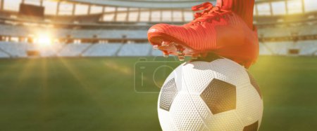 Photo for Low section of player with soccer ball in stadium on sunny day, copy space. Soccer, sportsman, athlete, sport, competitive sport, match, skill, panoramic. - Royalty Free Image