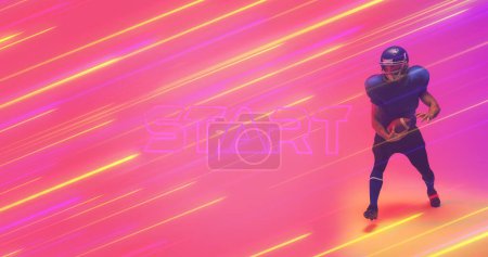 Photo for Composite of american football player with ball standing against blurred motion of lights. Copy space, sport, competition, neon, illustration, glowing and abstract concept. - Royalty Free Image