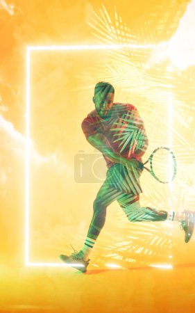 Photo for African american male player with racket playing tennis over illuminated rectangle and plants. Copy space, composite, sport, competition, playing, match, nature, shape and abstract concept. - Royalty Free Image