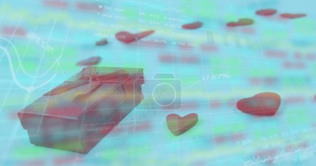 Photo for Image of gift box and heart shapes over moving graphs and trading board. Digital composite, multiple exposure, report, stock market, investment, present, love and surprise concept. - Royalty Free Image