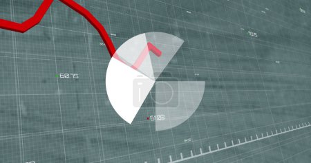 Foto de Gráfico de pastel y gráfico rojo moviéndose sobre procesamiento de datos financieros contra oficina vacía. concepto global de finanzas y negocios - Imagen libre de derechos