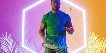 Photo for Illuminated plants and hexagon over serious african american male player with tennis racket and ball. Copy space, confident, composite, sport, competition, shape, nature playing, match and abstract. - Royalty Free Image