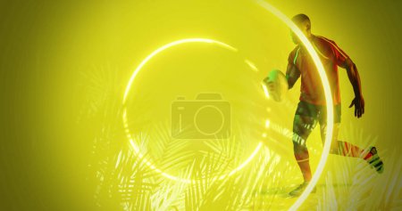 Photo for Circles and plants over african american rugby player with ball running on yellow background. Illuminated, copy space, composite, sport, competition, shape, nature, playing, match and abstract. - Royalty Free Image