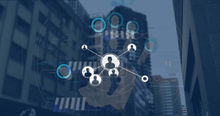 Photo for Image of profile icons connecting dots, data with graph, globe, fingerprints against buildings. Digital composite, connect the dots, networking, technology, biometrics, accessibility, identity. - Royalty Free Image