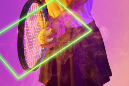 Photo for Midsection of african american female tennis player holding racket and ball by illuminated rectangle. Copy space, composite, sport, competition, shape, hand, playing, match and abstract concept. - Royalty Free Image
