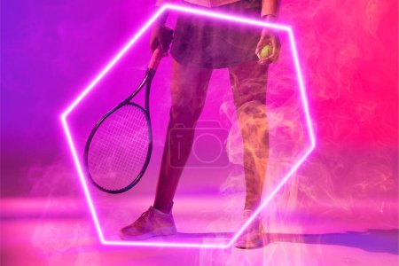 Photo for Low section of african american female tennis player holding ball and racket by glowing hexagon. Copy space, composite, sport, shape, smoke, shoe, leg, competition, playing, match and abstract. - Royalty Free Image