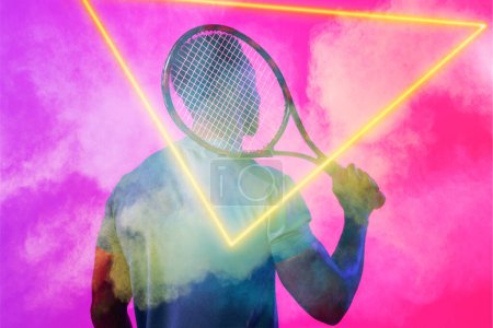 Photo for Rear view of african american male tennis player with racket amidst smoke by glowing triangle. Copy space, composite, sport, competition, shape, playing, match and abstract concept. - Royalty Free Image