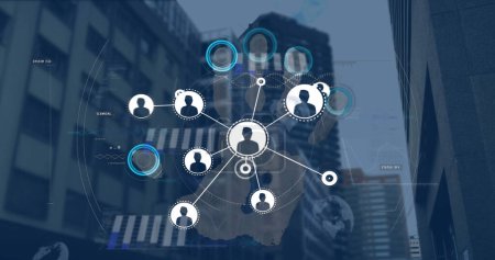 Photo for Image of profile icons connecting dots, data with graph, globe, fingerprints against buildings. Digital composite, connect the dots, networking, technology, biometrics, accessibility, identity. - Royalty Free Image