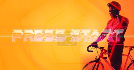 Photo for African american male athlete with bike standing by illuminated press start text over lines. Copy space, composite, sport, cycling, racing, competition, push button, beginning and abstract concept. - Royalty Free Image