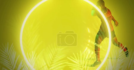 Photo for African american rugby player running by illuminated circle and plants over yellow background. Copy space, composite, sport, competition, shape, nature, playing, match and abstract concept. - Royalty Free Image