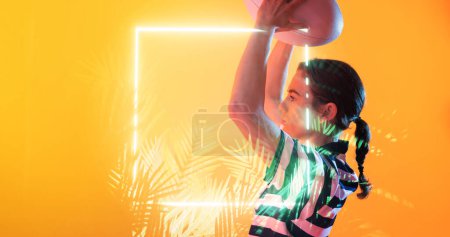 Photo for Illuminated square and plants over female caucasian player throwing rugby ball on yellow background. Copy space, composite, sport, competition, shape, nature, playing, match, abstract concept. - Royalty Free Image