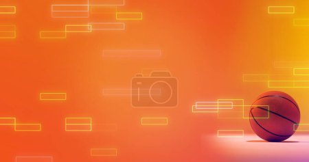 Photo for Composite of basketball ball isolated over illuminated rectangles over orange background, copy space. Sport, competition, illustration, shape and abstract concept. - Royalty Free Image