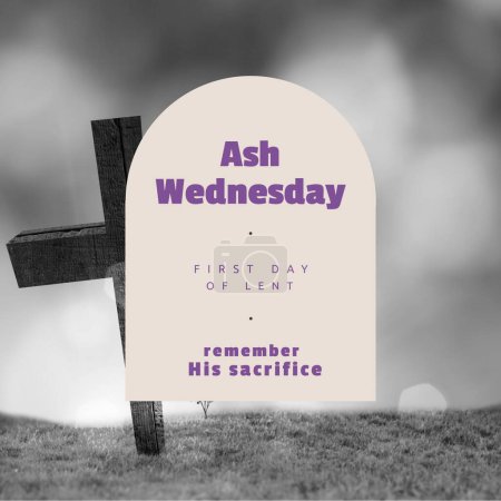 Foto de Ash wednesday, first day of lent, remember his sacrifice text in arch with cross on grassy land. Digital composite, copy space, abstract, christianity, holy, prayer, fasting, lent, belief, religion. - Imagen libre de derechos