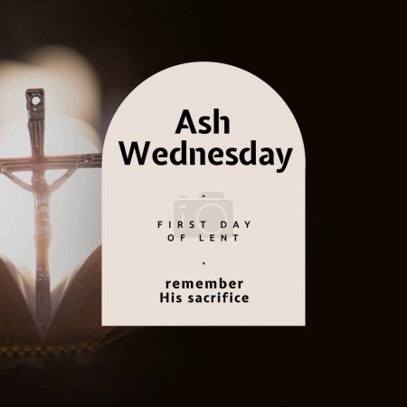 Photo for Ash wednesday, first day of lent, remember his sacrifice text in arch with crucifix over lens flare. Digital composite, abstract, christianity, holy, prayer, fasting, lent, belief and religion concept - Royalty Free Image