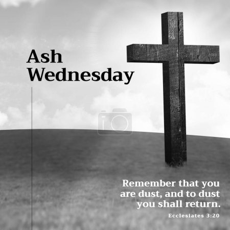 Foto de Cross on land, ash wednesday, remember that you are dust, and to dust you shall return text. Digital composite, ecclesiastes 3,20, christianity, holy, prayer, fasting, lent, belief and religion. - Imagen libre de derechos
