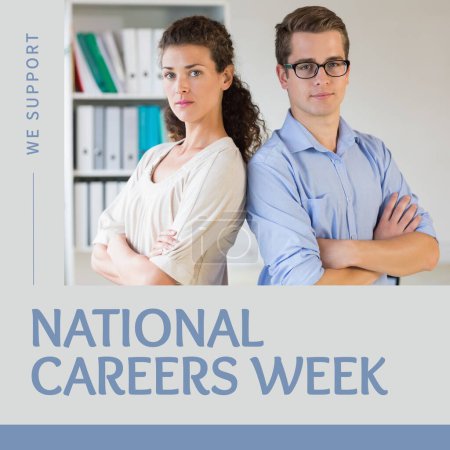 Téléchargez les photos : National careers week and we support text by caucasian coworkers with arms crossed in office. Digital composite, portrait, office, teamwork, education, guidance, awareness and celebration concept. - en image libre de droit