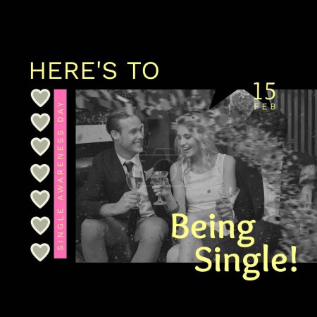 Téléchargez les photos : Here's to being single and 15 feb text with hearts and caucasian friends toasting drinks at party. Digital composite, alcohol, together, enjoy, single awareness day, holiday, love and celebration. - en image libre de droit