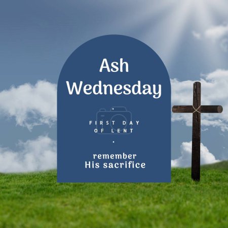 Foto de Ash wednesday, first day of lent, remember his sacrifice text in arch and cross on land against sky. Digital composite, abstract, christianity, holy, prayer, fasting, lent, belief and religion. - Imagen libre de derechos