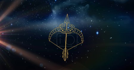 Foto de Image of sagittarius star sign over sun shining and stars on night blue sky. astrology and zodiac signs concept digitally generated image. - Imagen libre de derechos