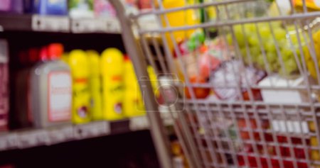 Photo for Hands of caucasian female holding shopping cart in food market. shopping, trade and lifestyle concept. - Royalty Free Image