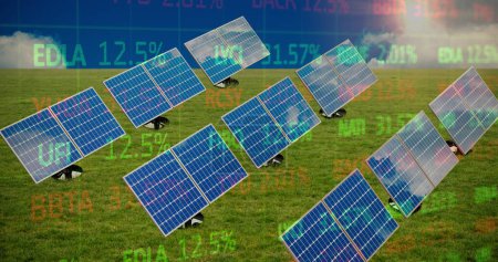 Photo for Image of trading board and solar panels on green landscape. Digital composite, multiple exposure, stock market, investment, nature, solar energy, electricity, green technology and sustainability. - Royalty Free Image