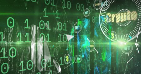 Foto de Image of crypto in circle over binary code on green background. digital money, crypto currency and technology concept digitally generated image. - Imagen libre de derechos