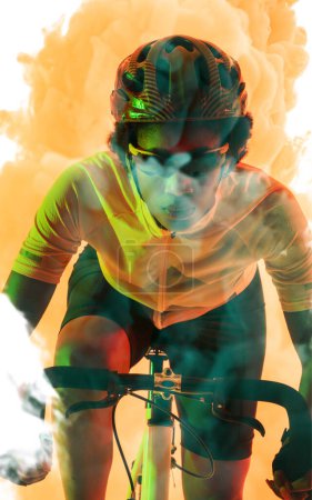 Téléchargez les photos : Confident african american female athlete wearing glasses and helmet riding bike on smoky background. Copy space, composite, sport, cycling, racing, competition and abstract concept. - en image libre de droit