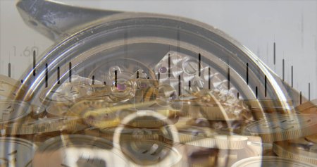 Téléchargez les photos : Financial data processing over close up of a watch and yen gold coins against grey background. global finance and economy technology concept - en image libre de droit