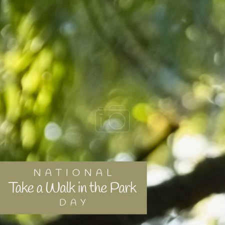 Téléchargez les photos : Composite of national take a walk in the park day text in gray rectangle over defocused trees. Fitness, nature, exercise, active and healthy lifestyle concept. - en image libre de droit