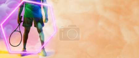 Photo for Low section of african american male player with racket and ball by hexagon on smoky background. Hand, tennis, illuminated, copy space, composite, sport, leg, competition, shape, match, abstract. - Royalty Free Image