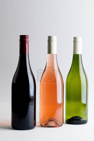 Téléchargez les photos : Bouteilles de vin rouge, rose et blanc sur fond blanc, avec espace de copie. Semaine du vin, concept boisson et célébration. - en image libre de droit